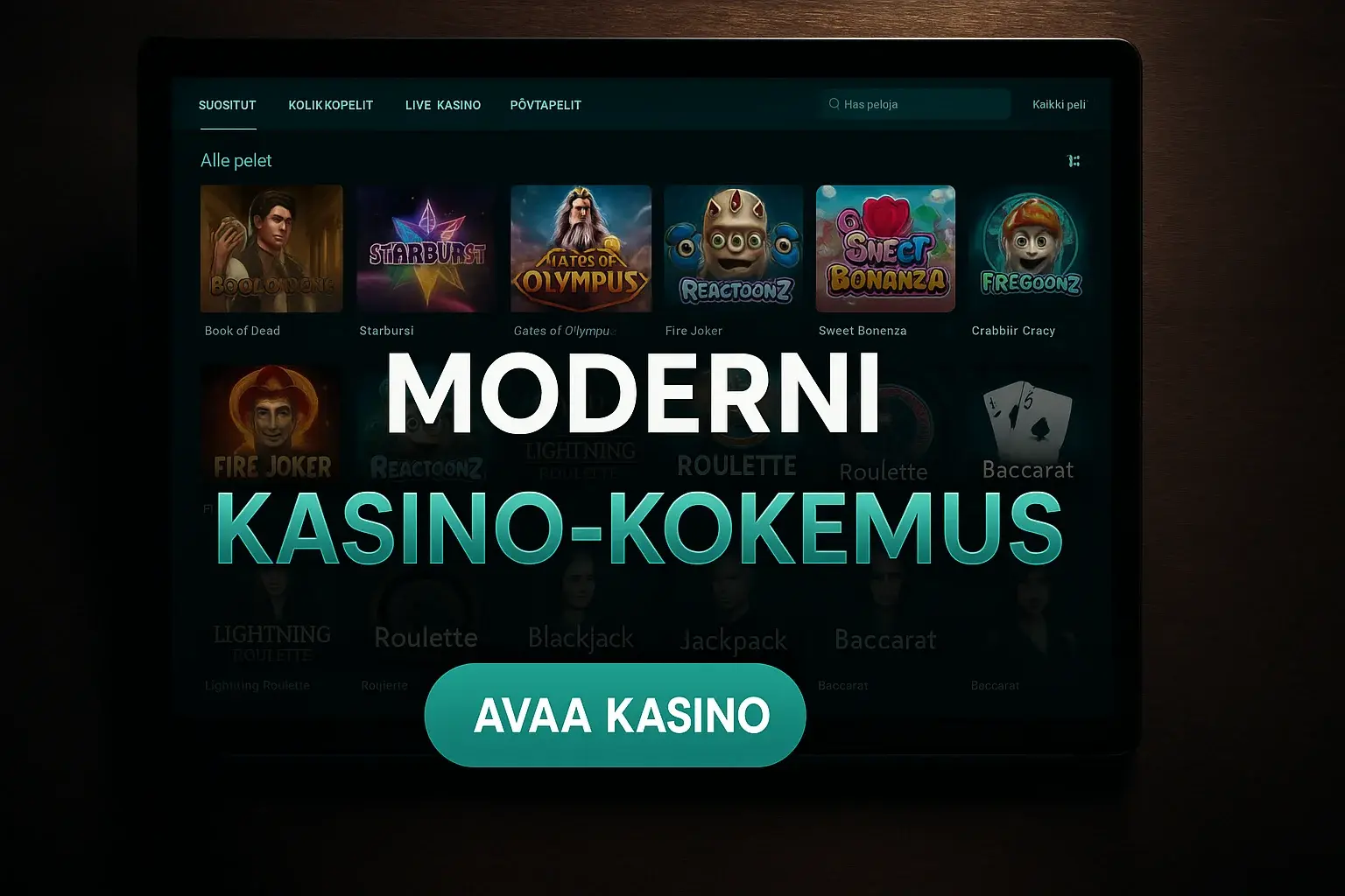 Fotorealistinen suomalainen kasinomainosbanneri, tumma peliaulan käyttöliittymä ja CTA-painike