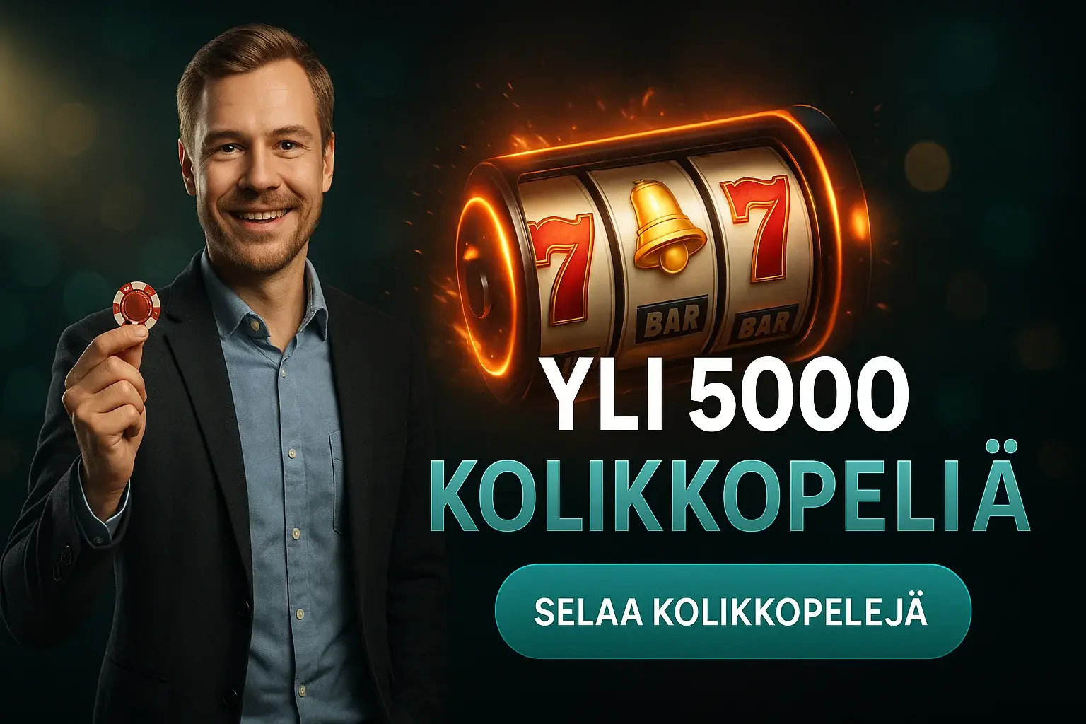 Fotorealistinen suomalainen kasinobanneri, mies ja hehkuvat kolikkopelirullat taustalla