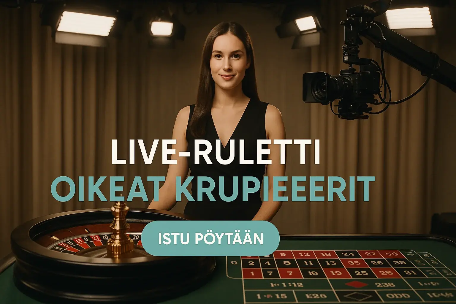 Fotorealistinen live-ruletti banneri, oikea krupieeri ja ruletinpöytä studiossa