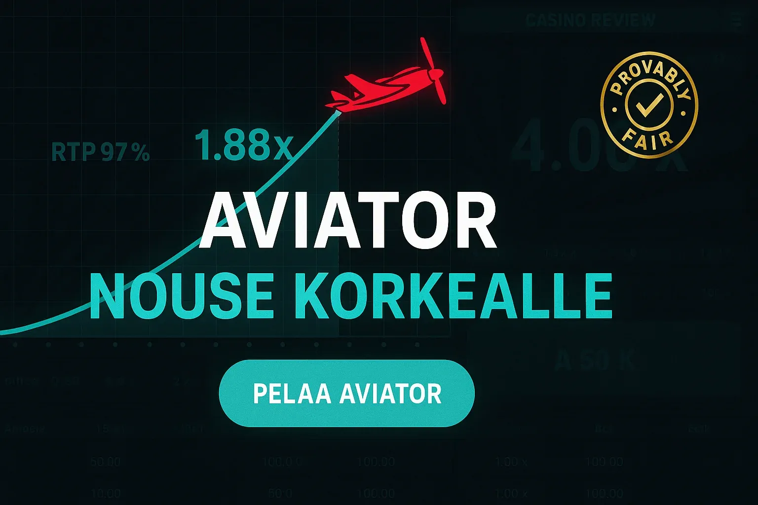 Fotorealistinen Aviator-kasinobanneri, RTP 97% kaavio ja provably fair -merkki