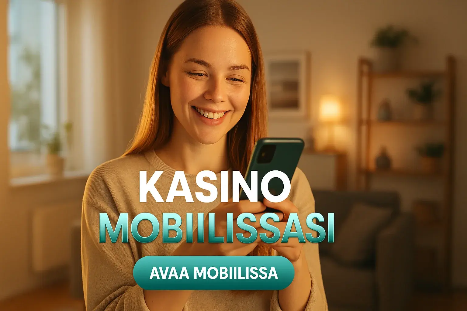 Suomalainen nainen pitää puhelinta, kasino mobiilissa mainosbanneri kotona
