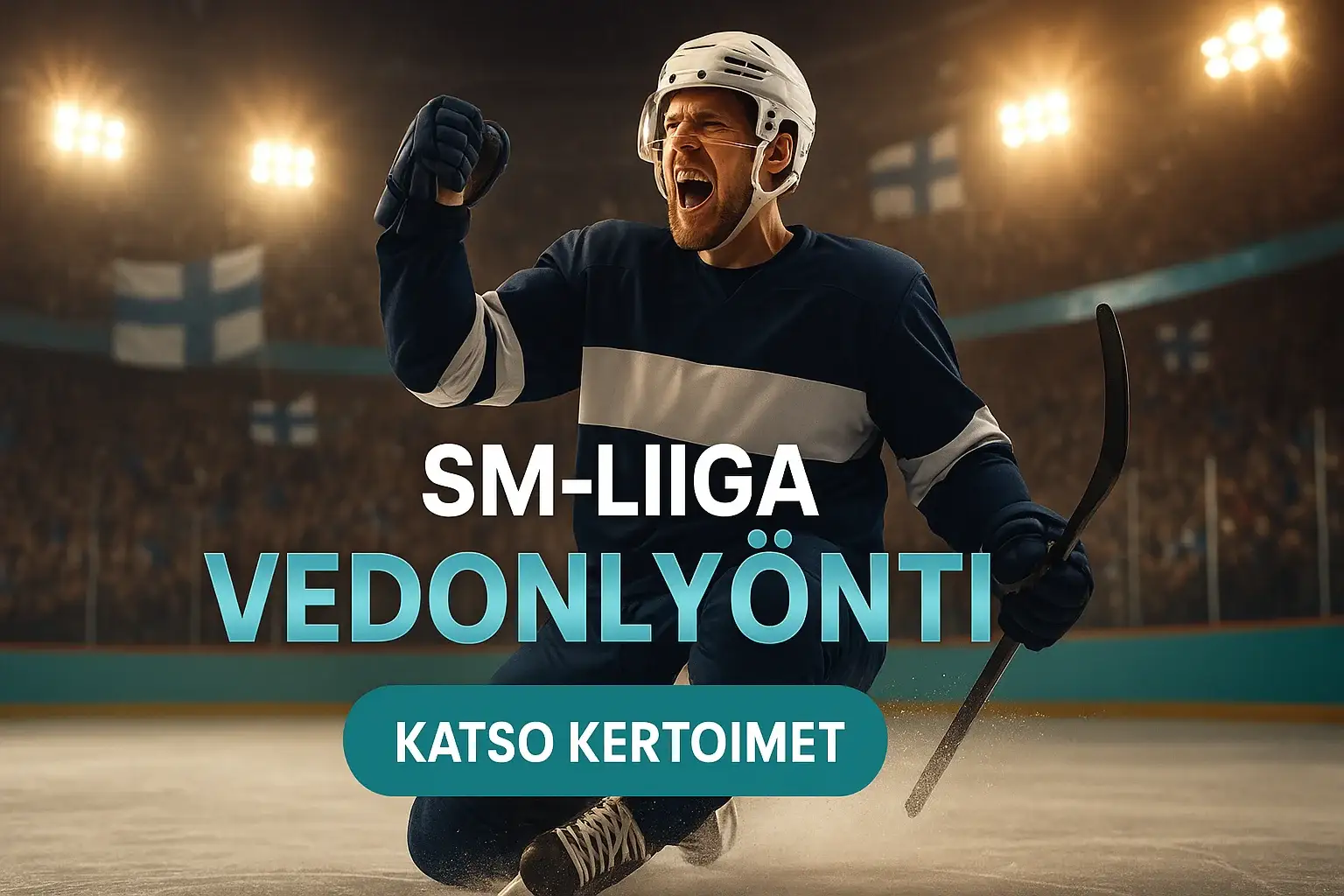 Fotorealistinen SM-liiga vedonlyönti kasinobanneri, juhlivaa jääkiekkoilijaa ja CTA-nappi